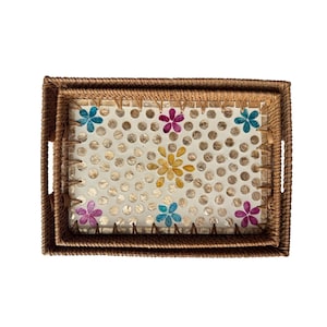 Rectangular Rattan Tray with Mother of Pearl Inlay – Handwoven Serving Decor