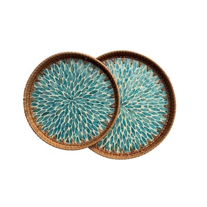 Natural Round Rattan Display Tray with Shell Inlay Base - Artisan Handmade Decor Tray for Coffee Table, Kitchen Serving, Made in Vietnam