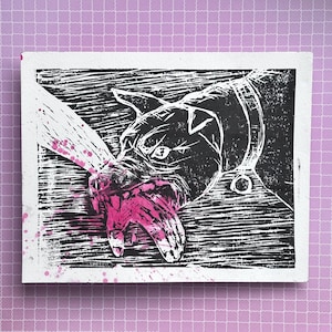 Dog Bite Art Lino Print - Hand Carved and Printed