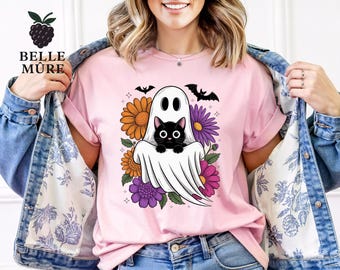 Spooky Floral Ghost Holding Black Cat T-Shirt, Cat Owner Shirt, Halloween Tee Gift