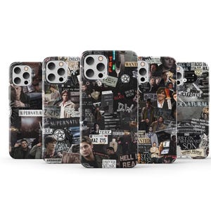 May include: A selection of phone cases with a collage design. The cases have a black background with images and text, including the word "Supernatural" and the number "215". The cases are designed with a variety of images.