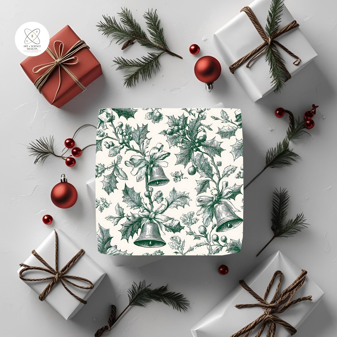 Elegant Christmas Wrapping Paper Vintage Holiday Bells & Holly Gift ...