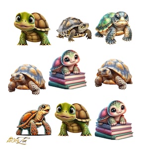 Paquete de imágenes prediseñadas de tortugas / Linda tortuga bebé PNG / Sublimación de tortugas de libro / Conjunto de imágenes prediseñadas de animales digitales
