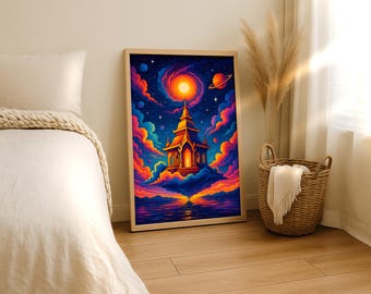 Psychedelic Sky Temple Print: Surreal Meditation Art (Digital Download)