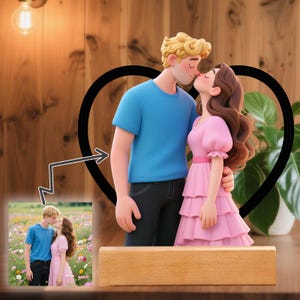 Custom Cartoon Style Portrait Picture Statuette, Custom Figure Personalized Acrylic Plaque with 3Colors LED Wooden Base, Gifts for Couple
