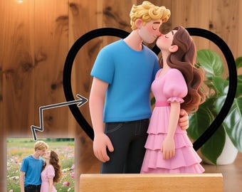 Custom Cartoon Style Portrait Picture Statuette, Custom Figure Personalized Acrylic Plaque with 3Colors LED Wooden Base, Gifts for Couple