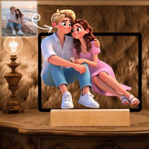 Personalized Cartoon Style Portrait Gift for Couple, Custom Cartoon Portrait Night Light, AI Generated Photo Acrylic Frame