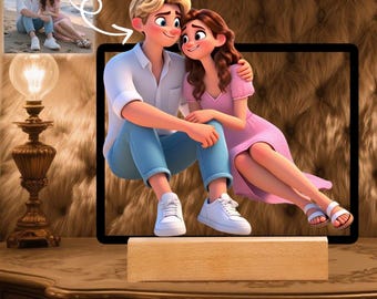 Personalized Cartoon Style Portrait Gift for Couple, Custom Cartoon Portrait Night Light, AI Generated Photo Acrylic Frame