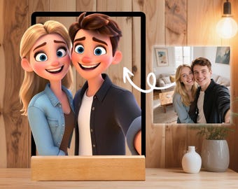 Custom AI Generated Couple Cartoon Portrait – Transform Your Photo into Acrylic Art - Custom Night Light Photo Frame Gift for Couples