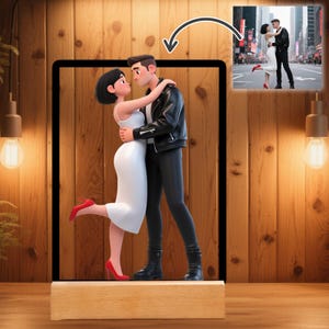 Cute Custom Cartoon Animation Acrylic Plaque with Wooden Base, Personalized Family Portrait, AI Generated Cartoon Portrait From Photo