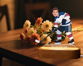 Custom Photo LED Wood Stand Room Night Light Up Table Lamp,Custom Cartoon Sport Portrait AI Generated for Father's Day Gift, Dad Birthday