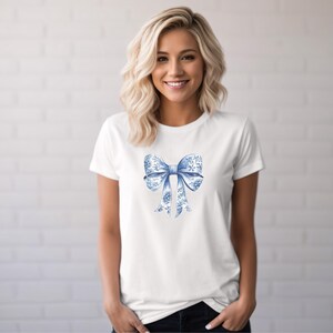 Blue Chinoiserie Floral Bow Shirt | Cottagecore Aesthetic Tee | Soft Vintage-Inspired T-Shirt | Cute Feminine Graphic Tee | Gift for Her