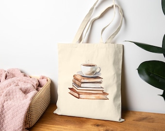 Books and Coffee Cotton Canvas Tote Bag: Eco-Friendly Library Bag