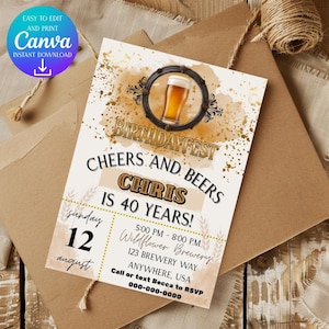 Cheers and Beers Birthday Invitation | Editable 40th Birthday Party Invite | Printable Beer Fest Invitation | Digital Download