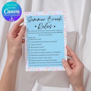 Editable Summer Break Rules Printable, Kids Daily Checklist for Screen Time, Summer Schedule for Kids, Digital Download PDF, Canva Template