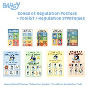 Peut inclure: Un ensemble d'affiches colorées mettant en scène le chien de dessin animé Bluey de la série Bluey. Les affiches sont intitulées "Zones de régulation" et représentent différentes zones de régulation : bleue, verte, jaune et rouge. Chaque zone a un ensemble de stratégies correspondant pour gérer les émotions.