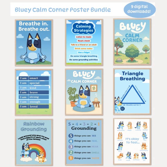 Bluey Calm Corner Wellbeing Poster Pack - Bluey Calming Corner, Calm down corner, Calming Strategies, Kids Mindfulness, grounding activities