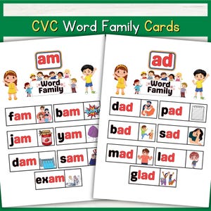 Liste de mots CVC pour enfants - Cartes-éclair sur la phonétique des voyelles, activité de livre occupé, lecture à la maison, ressource pour les tout-petits et la maternelle