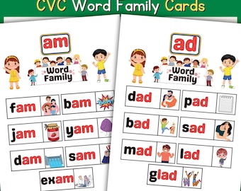 CVC Words Flashcards: Fonikinlärning, Hemundervisningsläsning (PDF-nedladdningsbara filer ingår)