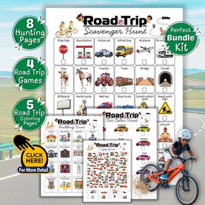 May include: A colorful road trip activity kit with scavenger hunt, games, and coloring pages. Includes a checklist with illustrations of various road trip sights, a car color hunt, and an I Spy game. A perfect bundle kit for kids.