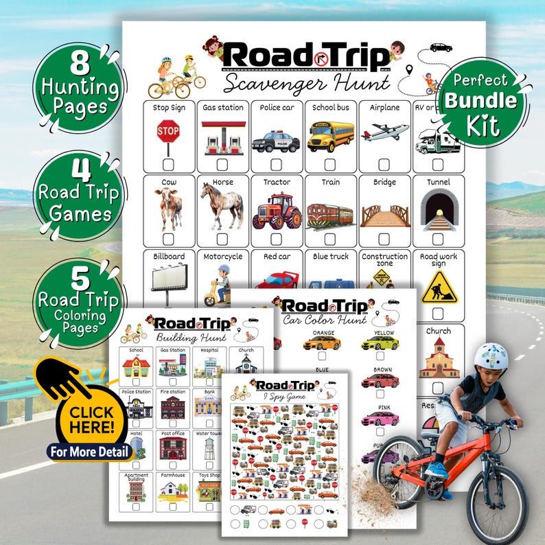 May include: A colorful road trip activity kit with scavenger hunt, games, and coloring pages. Includes a checklist with illustrations of various road trip sights, a car color hunt, and an I Spy game. A perfect bundle kit for kids.
