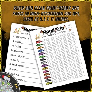 May include: Two white sheets of paper with the text "Road Trip" and "Car Color Counting" printed on them. The pages are sized at 8.5 x 11 inches and feature colorful car illustrations. The text "Crisp and Clear Print-Ready JPG Pages" is at the top.