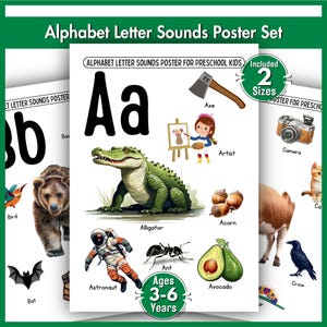 May include: Alphabet Letter Sounds Poster Set for preschool kids. The poster features the letters A through C, with corresponding illustrations of an alligator, artist, and camera. Includes the text "Ages 3-6 Years".