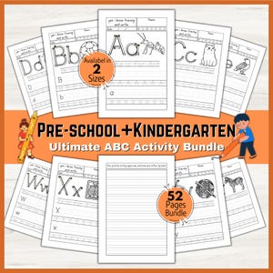 Peut inclure: Un ensemble de feuilles d'activités ABC pour la maternelle et le jardin d'enfants. Les pages proposent des exercices de traçage des lettres majuscules et minuscules, avec des illustrations d'objets commençant par chaque lettre. Le lot comprend 52 pages et est disponible en deux tailles.