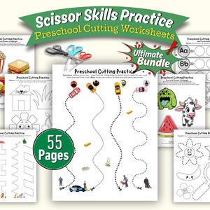 Może przedstawiać: Zestaw kart pracy do wycinania dla przedszkolaków zatytułowany "Scissor Skills Practice" i "Preschool Cutting Worksheets". Zestaw zawiera 55 stron z ćwiczeniami, w tym kształty, obiekty i ścieżki do wycinania.