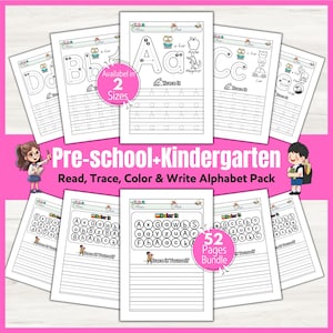 May include: A collection of alphabet learning worksheets for preschool and kindergarten students. The pages feature letters to trace, color, and write, with illustrations of related objects. The pack includes 52 pages and is available in two sizes.