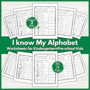 May include: A collection of alphabet worksheets for kindergarten and pre-school kids. The worksheets are black and white and feature letters A through J. The text "I Know My Alphabet" is displayed in large green letters.