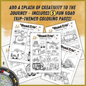 May include: A collection of five road trip-themed coloring pages. Each page features black and white illustrations of vehicles, landmarks, and travel-related items. The text "Road Trip Coloring Fun" is displayed on each page, with the headline "ADD A SPLASH OF CREATIVITY TO THE JOURNEY - INCLUDES 5 FUN ROAD TRIP-THEMED COLORING PAGES!"