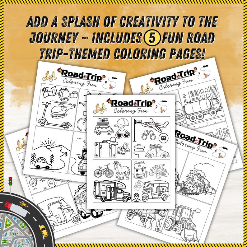 May include: A collection of five road trip-themed coloring pages. Each page features black and white illustrations of vehicles, landmarks, and travel-related items. The text "Road Trip Coloring Fun" is displayed on each page, with the headline "ADD A SPLASH OF CREATIVITY TO THE JOURNEY - INCLUDES 5 FUN ROAD TRIP-THEMED COLORING PAGES!"