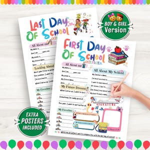 May include: Two colorful school interview sheets, one labeled "Last Day of School" and the other "First Day of School." The "Boy & Girl Version" is indicated. The sheets include sections for personal details, favorites, and future dreams.