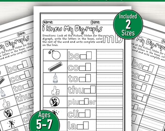 Digraphs Worksheets Bundle, Learn Digraphs Phonics Activity, Kindergarten First Grade Printable PDF