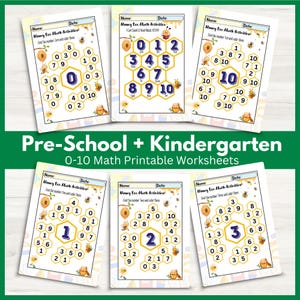 May include: A collection of six printable worksheets for preschool and kindergarten math activities. Each worksheet features a honeycomb design with numbers 0-10, bees, and the text "Honey Bee Math Activities". The worksheets are designed to help children learn to count and recognize numbers.