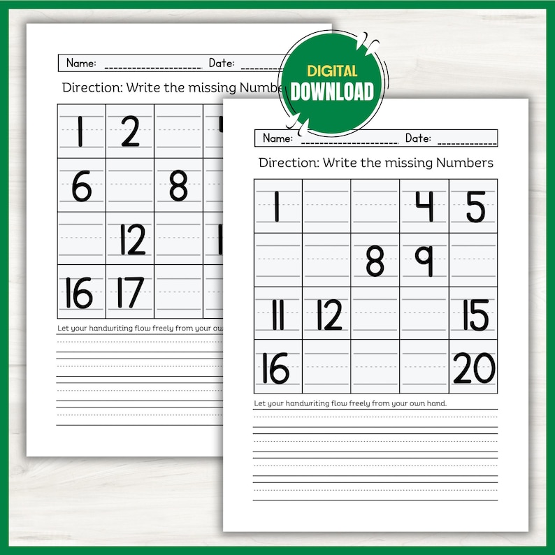 Missing Numbers 1-20 Worksheets: Preschool Kindergarten Math (PDF ...