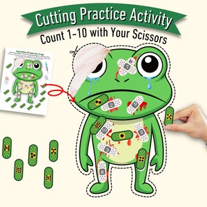 Może przedstawiać: Ilustracja zielonej żaby z bandażami i tekstem "Cutting Practice Activity". Obraz zawiera arkusz do wydrukowania i bandaże. Żaba ma bandaże z numerami od 1 do 10.