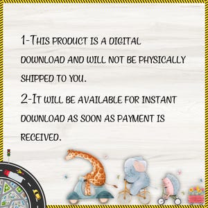 May include: A digital download announcement with text. The image features a giraffe on a scooter, an elephant on a bicycle, and a hedgehog on a tricycle. The text states the product is a digital download and will be available instantly after payment.