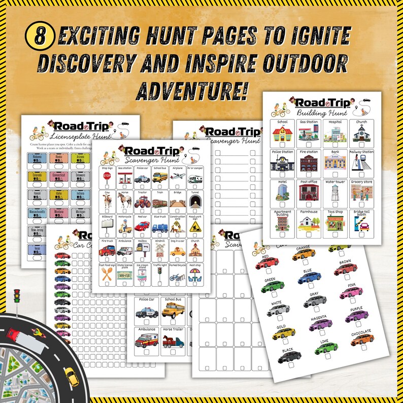 May include: A collection of printable road trip scavenger hunt pages. The pages include license plate hunts, car color hunts, and building hunts. The text on the top of the image says "8 exciting hunt pages to ignite discovery and inspire outdoor adventure!"