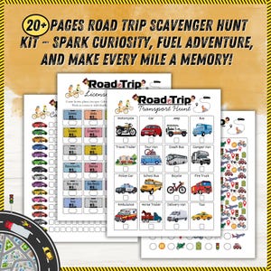 May include: A road trip scavenger hunt kit with multiple pages. The kit includes pages for license plate spotting and a transport hunt with illustrations of various vehicles like cars, buses, and motorcycles. The text reads: "20+ PAGES ROAD TRIP SCAVENGER HUNT".