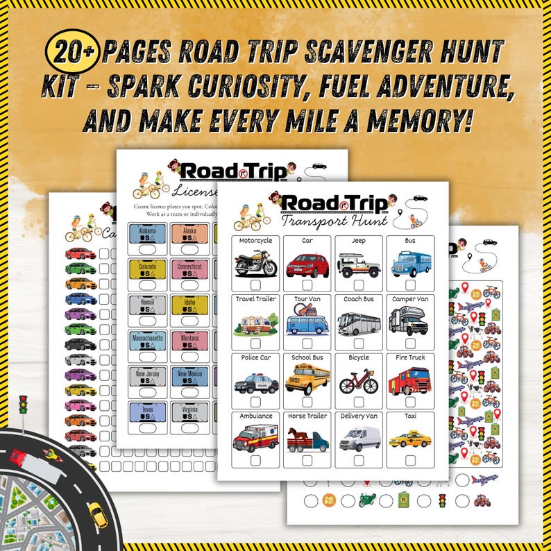 May include: A road trip scavenger hunt kit with multiple pages. The kit includes pages for license plate spotting and a transport hunt with illustrations of various vehicles like cars, buses, and motorcycles. The text reads: "20+ PAGES ROAD TRIP SCAVENGER HUNT".