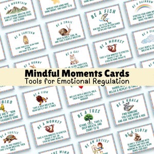 Op de afbeelding: Een verzameling Mindful Moments-kaarten voor emotionele regulatie. Elke kaart toont een dier of object met een bijbehorende mindfulness-oefening. De kaarten hebben een witte achtergrond met kleurrijke illustraties en tekst.