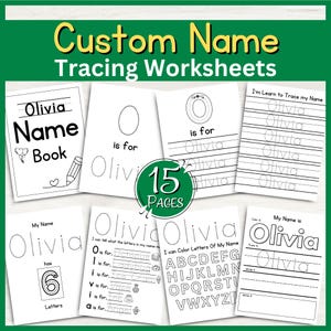 May include: A collection of custom name tracing worksheets for the name "Olivia". The worksheets include tracing letters, learning letter sounds, and coloring activities. The image shows 15 pages of educational material with a green background.