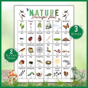 Pode incluir: Uma folha de jogo branca "Nature Scavenger Hunt" com ilustrações de folhas, flores, insetos e outros elementos naturais. O título é verde, com caixas de seleção e as palavras "3 Styles" e "2 Extra Tasks".