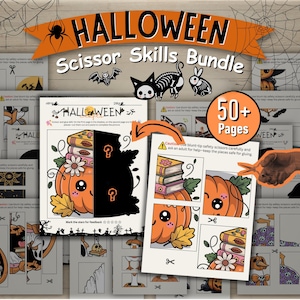 May include: A Halloween Scissor Skills Bundle featuring over 50 pages of printable activity sheets. The pages include illustrations of pumpkins, books, and skeletons with dotted lines for cutting and instructions for using blunt-tip safety scissors.