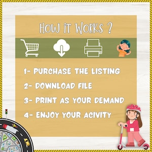 May include: An infographic with the title "HOW IT WORKS?" shows a shopping cart, cloud download, printer, and a child. Steps include purchasing, downloading, printing, and enjoying. A girl on a scooter is in the bottom right corner.