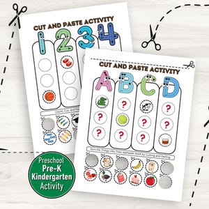 Puede incluir: Dos hojas de actividades blancas con el texto "Cut and Paste Activity" y números y letras. Una hoja tiene los números 1-4 con imágenes correspondientes. La otra hoja tiene las letras A-D con imágenes y signos de interrogación. Un círculo verde dice "Preschool Pre-K Kindergarten Activity".