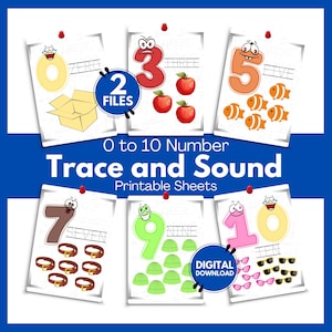 Puede incluir: Un conjunto de 10 hojas de trabajo imprimibles para trazar y pronunciar los números del 0 al 10. Cada hoja de trabajo presenta un número de dibujos animados colorido con una imagen correspondiente y la palabra del número escrita. El texto "Número del 0 al 10 Trazar y Sonido Hojas Imprimibles" está en la parte superior de la imagen. El texto "DESCARGA DIGITAL" está en la esquina inferior derecha de la imagen.