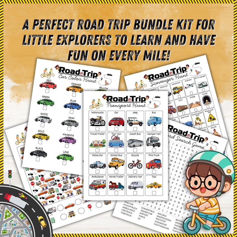 May include: A bundle of road trip activity sheets for kids, featuring car color hunts, transport hunts, scavenger hunts, and word search games. The sheets have colorful illustrations of vehicles and road-related items, with the text "Road Trip" on each sheet.